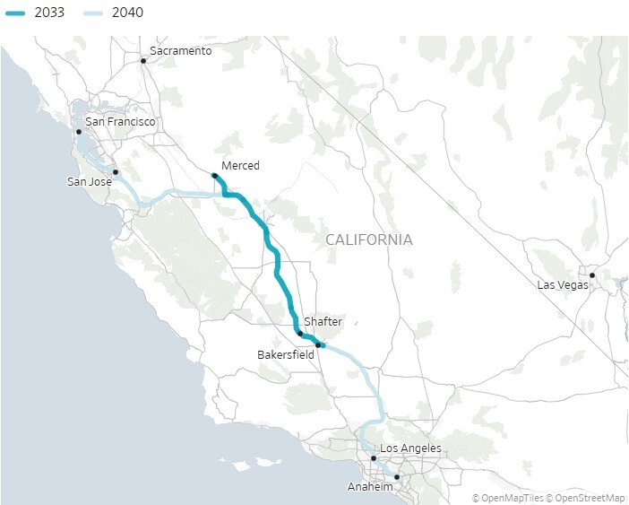 Dự án đường sắt cao tốc ở California. Đồ họa: OpenStreetMap
