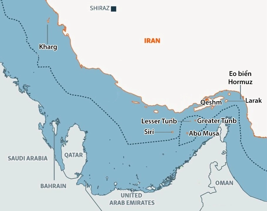 Vị trí đảo Larak và các đảo chiến lược của Iran. Đồ họa: Open Street Maps