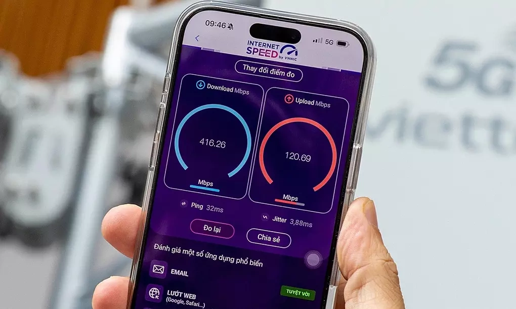 Giao diện đo bằng ứng dụng i-Speed trong ngày đầu 5G được thương mại hóa tại Việt Nam, tháng 10/2024. Ảnh: Lưu Quý