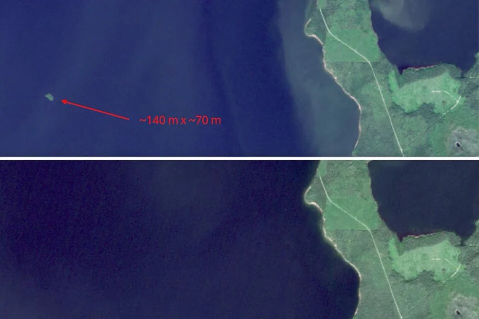 Ảnh vệ tinh Sentinel-2 cho thấy hòn đảo xuất hiện hôm 21/7 (trên) và biến mất hôm 5/8 (dưới). Ảnh: ESA