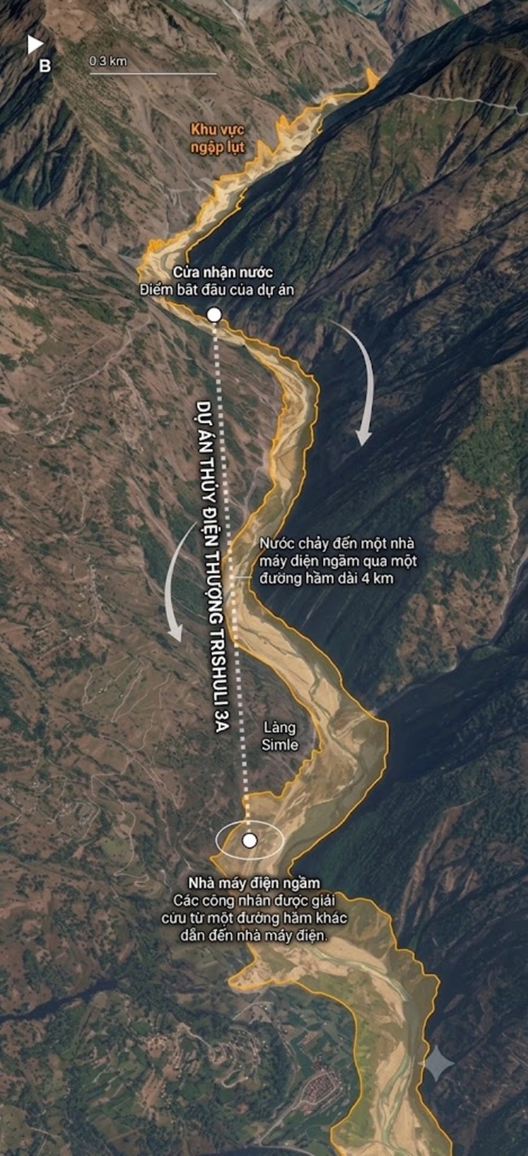Công trình nhà máy thủy điện Thượng Trishuli 3A. Đồ họa: Google Maps