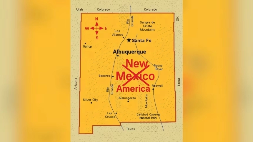 Bản đồ bang New Mexico với phần tên gốc bị gạch chéo được Tổng thống Mỹ Donald Trump đăng ngày 6/9. Ảnh: Truth Social/Donald Trump