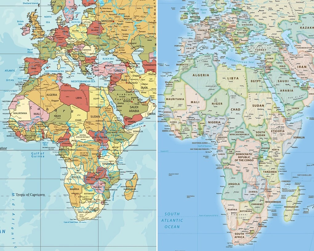 Africa on the traditional Mercator projection world map (left) and on the 2018 Equal Earth map (right). Photo: Equal Earth