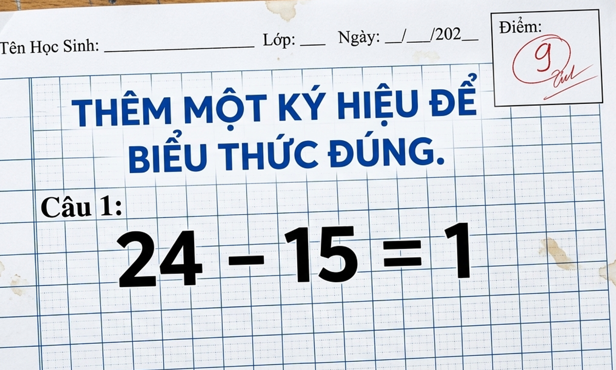 Thêm ký hiệu nào để phép tính 24 – 15 = 1 đúng?