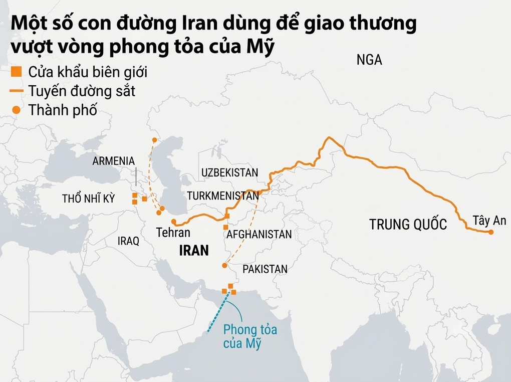 Một số tuyến giao thương trên bộ của Iran. Đồ họa: WSJ