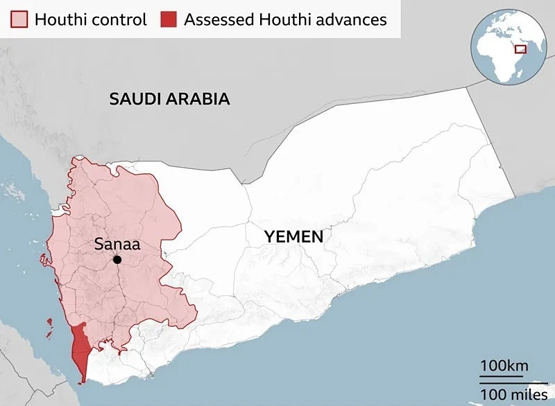 Khu vực Houthi kiểm soát ở Yemen, trong đó phần đỏ đậm là khu vực nhóm chiếm được gần đây. Đồ họa: BBC