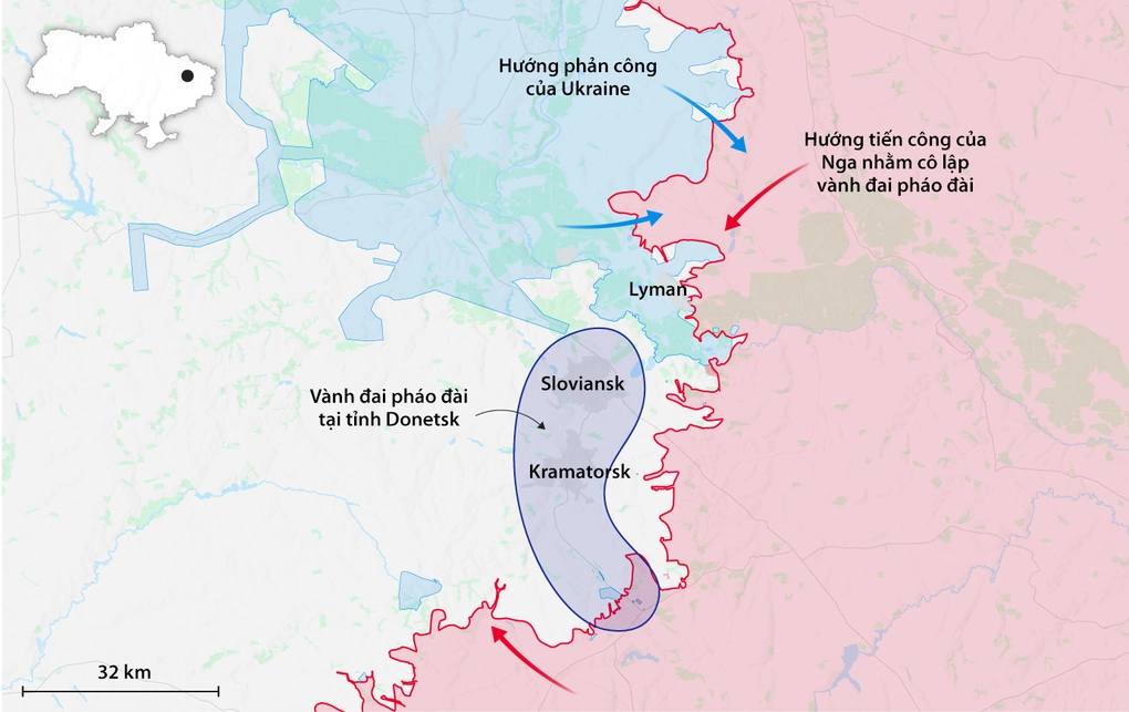 Vị trí Lyman và vành đai pháo đài tại tỉnh Donetsk. Đồ họa: Telegraph