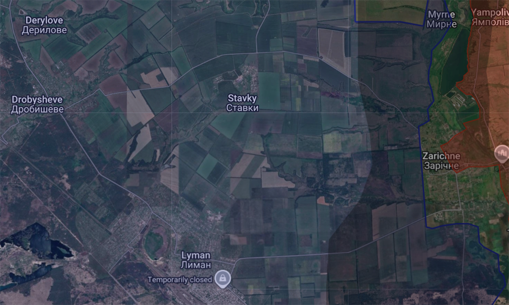 Vị trí Drobysheve, Derylove và Lyman, trong đó màu xanh là khu vực Ukraine kiểm soát. Đồ họa: X/AMK Mapping