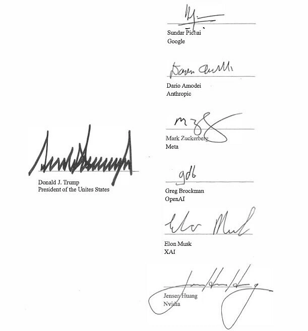 Photos of US President Donald Trump's signatures and technology CEOs were posted on Truth Social. Photo: Truth Social